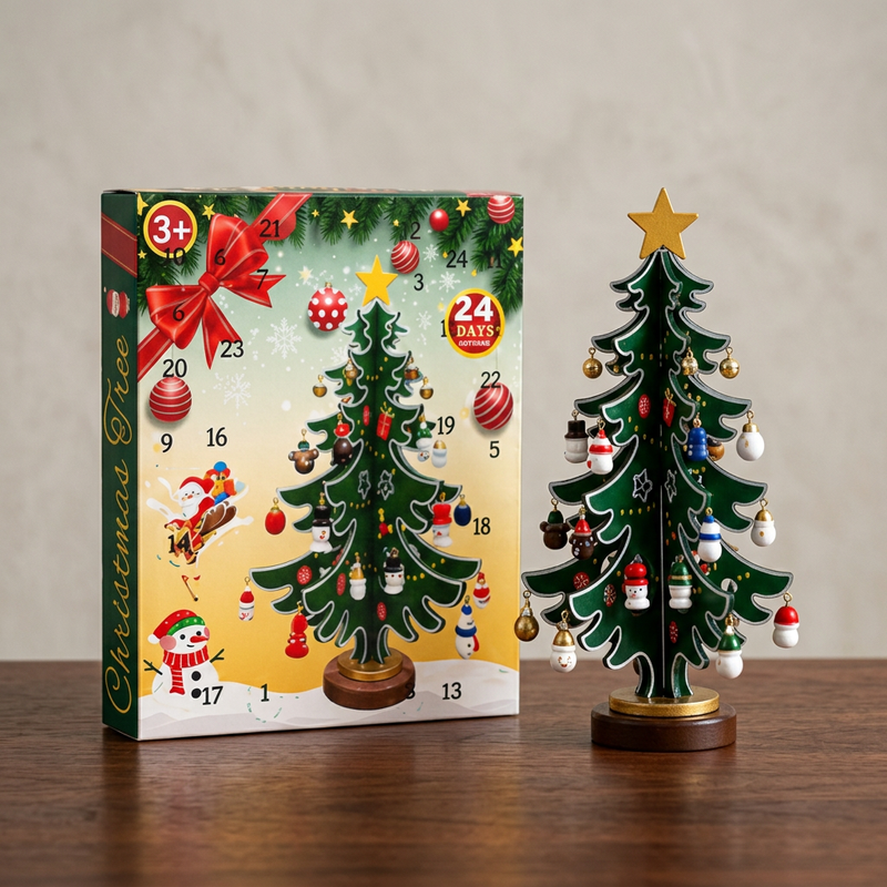 Adventskalender mit Holz-Weihnachtsbaum und Mini-Anhängern
