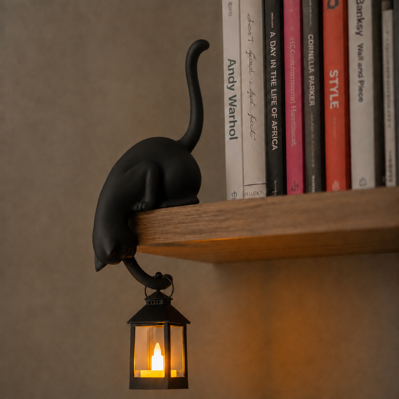 Katzenfigur mit leuchtender LED-Laterne an einer Regalkante