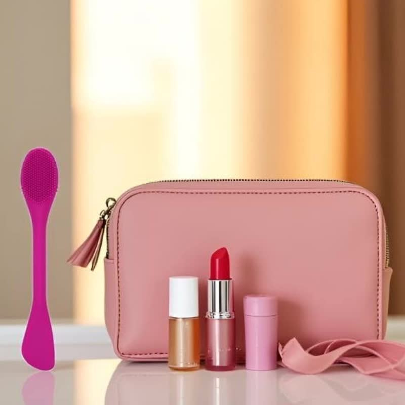 Zwei pinke doppelseitige Gesichtsmaske-Pinsel mit Silikonkopf und Spatelseite