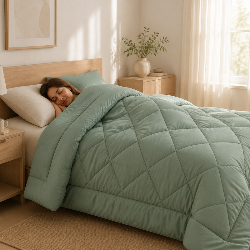 2-in-1 Bettdecke mit dekorativer Rautensteppung auf einem Bett