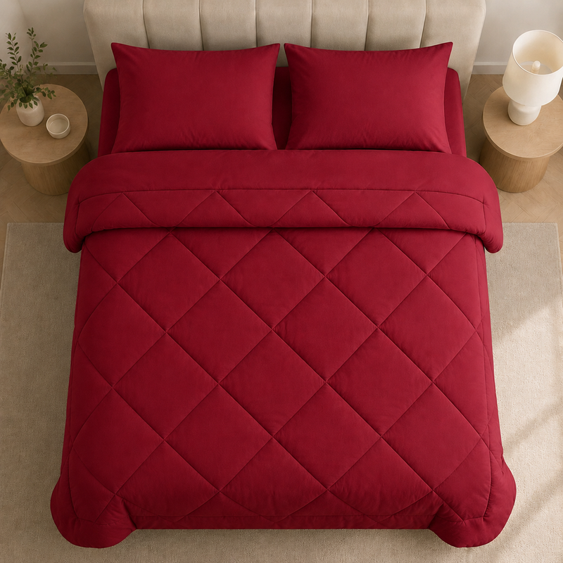 2-in-1 Bettdecke mit dekorativer Rautensteppung auf einem Bett