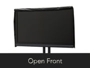 Schwarze Outdoor-TV-Abdeckung mit hochgeklappter Vorderseite und Rückseitentasche