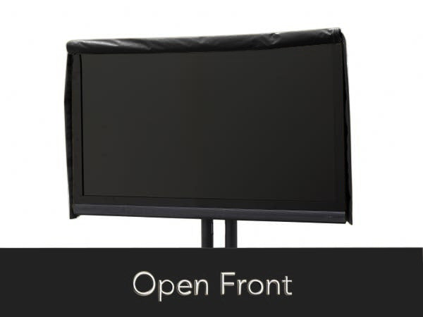 Schwarze Outdoor-TV-Abdeckung mit hochgeklappter Vorderseite und Rückseitentasche