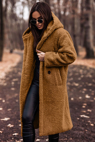 Lange Damen-Teddyjacke mit Kapuze