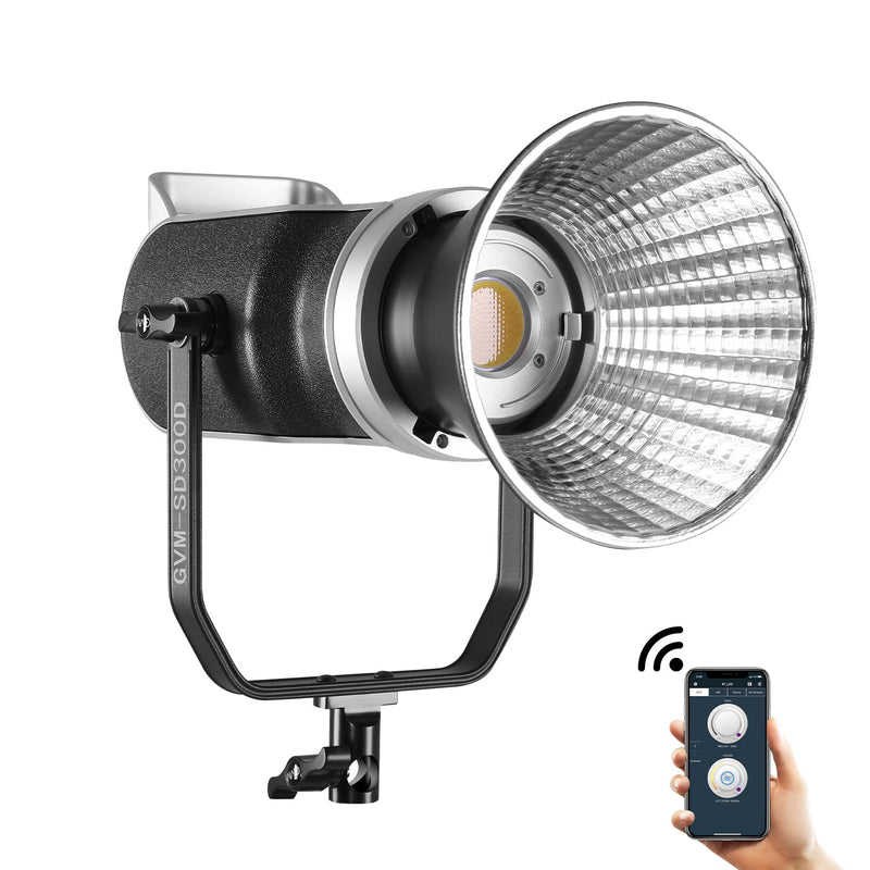 Schwarzes GVM SD300D LED-Dauerlicht mit Reflektor und Bügelhalterung