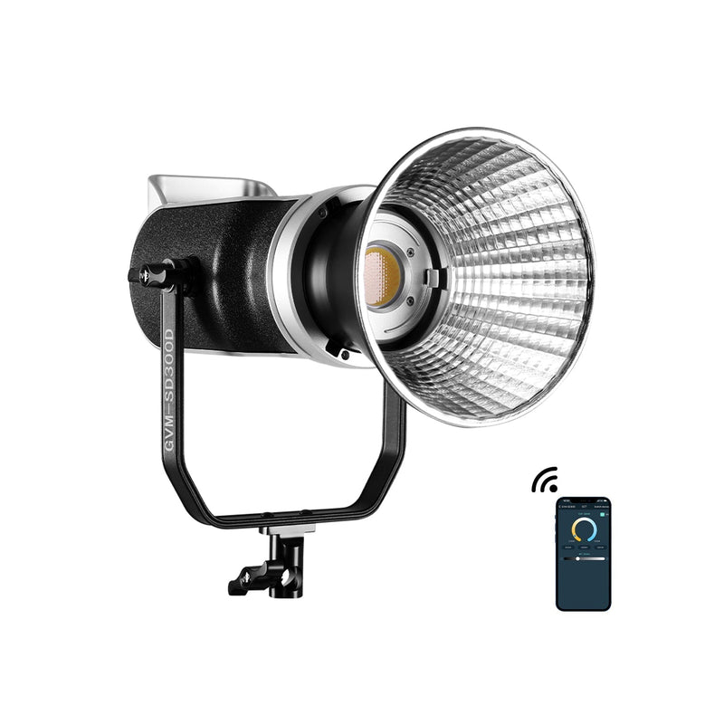 Schwarzes GVM SD300D LED-Dauerlicht mit Reflektor und Bügelhalterung