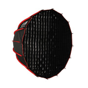 Schwarzer mobiler Softbox mit rotem Rand und sichtbarem Wabengitter