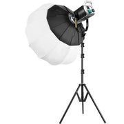 Schwarze LED-Videoleuchte mit Stativ und weißer Laternen-Softbox