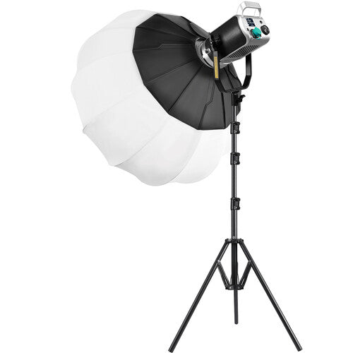 Schwarze LED-Videoleuchte mit Stativ und weißer Laternen-Softbox