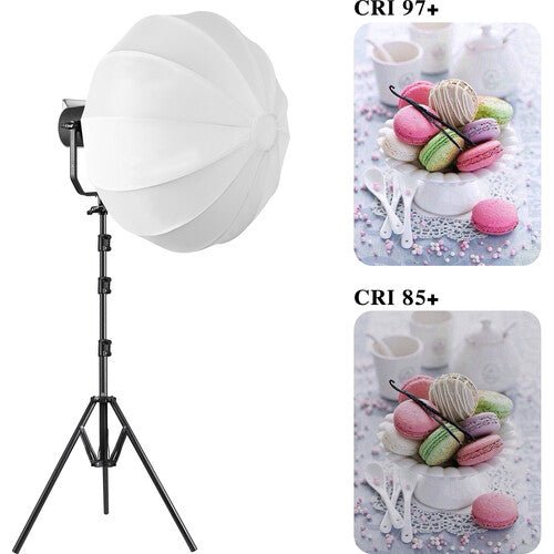 Schwarze LED-Videoleuchte mit Stativ und weißer Laternen-Softbox