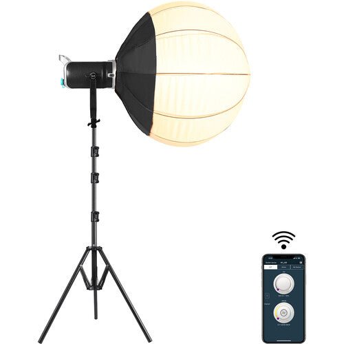 Schwarze LED-Videoleuchte mit Stativ und weißer Laternen-Softbox