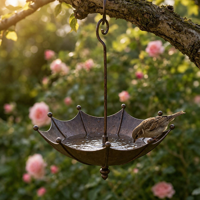 Hängende bronzefarbene Vogelfutterstelle mit Vogelbad im Schirmdesign