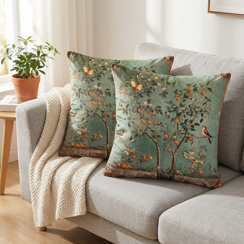 Dekorativer Kissenbezug mit botanischem Motiv, Blüten, Baum und Vögeln