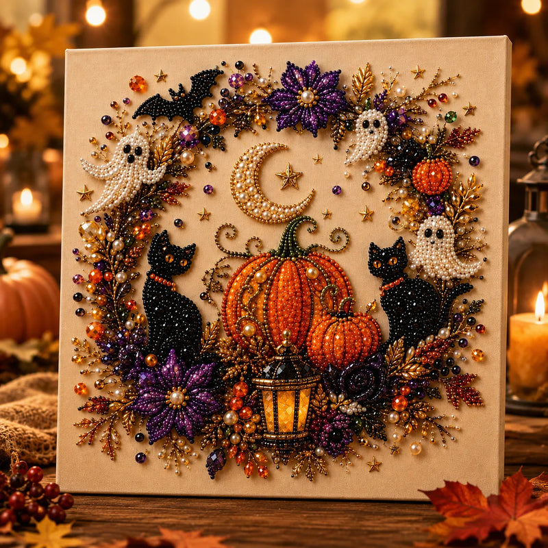 Halloween-Perlen-Bastelset mit Geistern, Kürbissen, Katzen und dekorativer Bildtafel