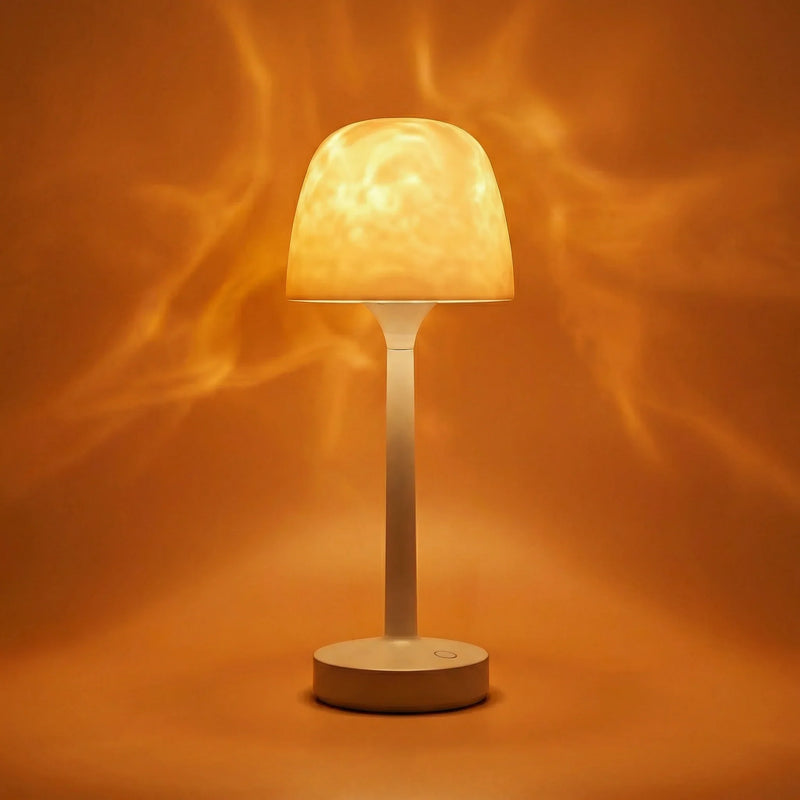 Kabellose beige Tischlampe mit warmem Aurora-Lichteffekt und rundem Standfuß
