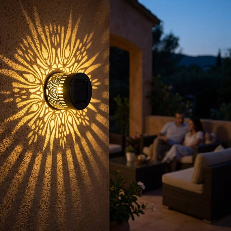 Schwarze Solarleuchte mit Mandala-Muster und dekorativer Lichtprojektion