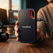 Schwarze externe SSD-Festplatte mit USB-C-Anschluss, strukturierter Oberfläche und orangefarbener Trageöffnung