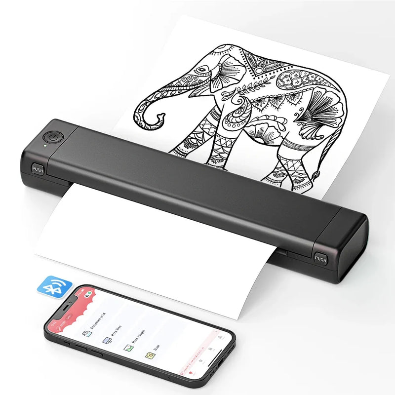 Kompakter Thermodrucker MK500 mit ausgegebenem Papier und Smartphone
