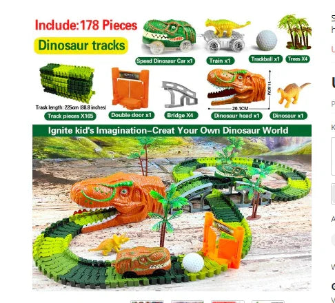 Dinosaurier-Rennbahn mit grüner Strecke, Fahrzeugen, Brücken und Dinosaurierfiguren