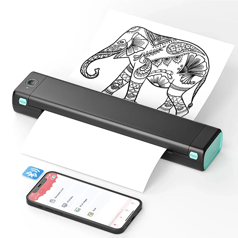 Kompakter Thermodrucker MK500 mit ausgegebenem Papier und Smartphone
