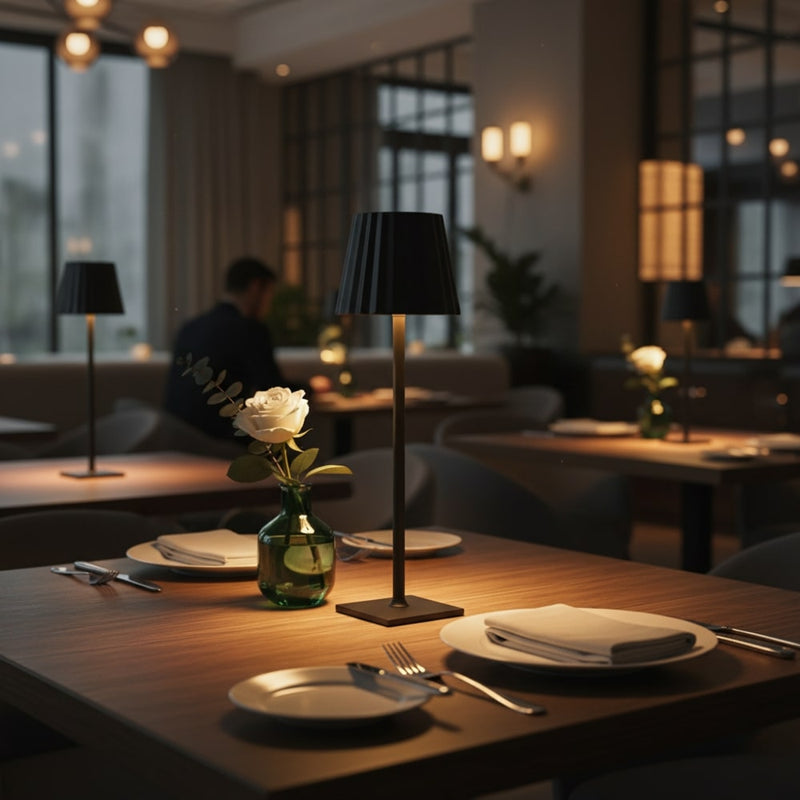 Kabellose Akku-Tischlampe mit Plissee-Schirm