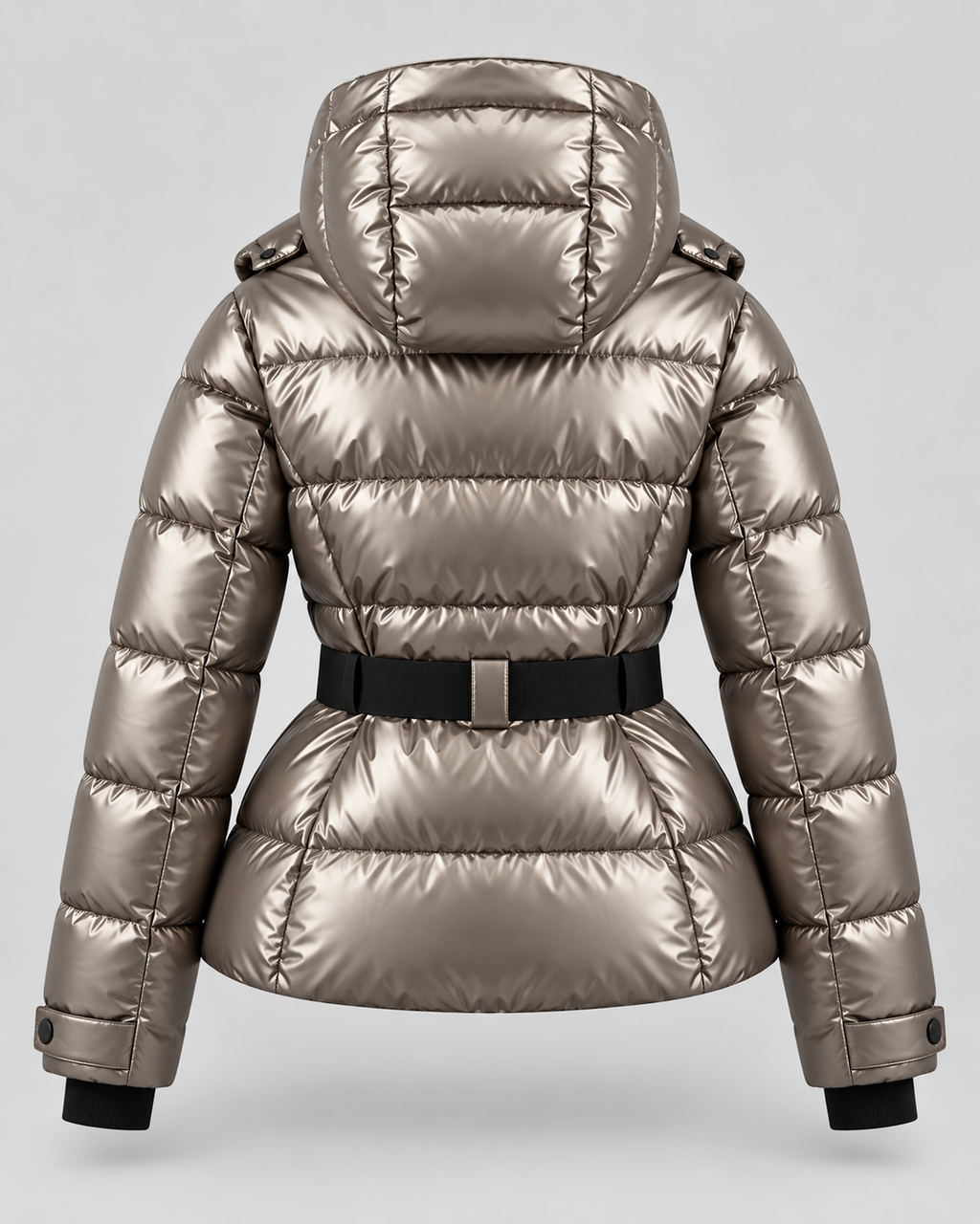 Taillierte Damen-Pufferjacke mit Kapuze und Gürtel