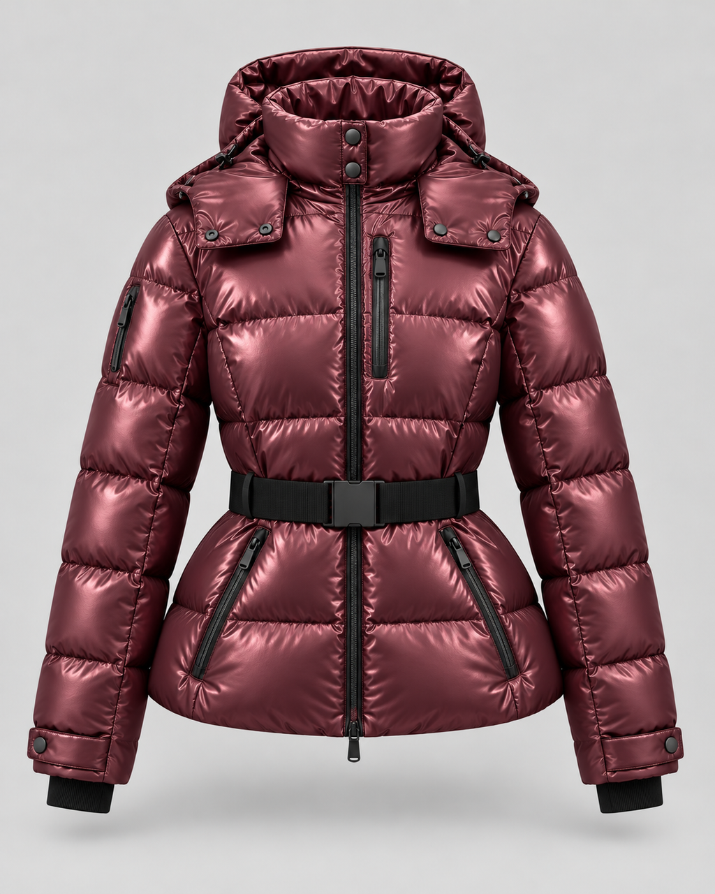 Taillierte Damen-Pufferjacke mit Kapuze und Gürtel