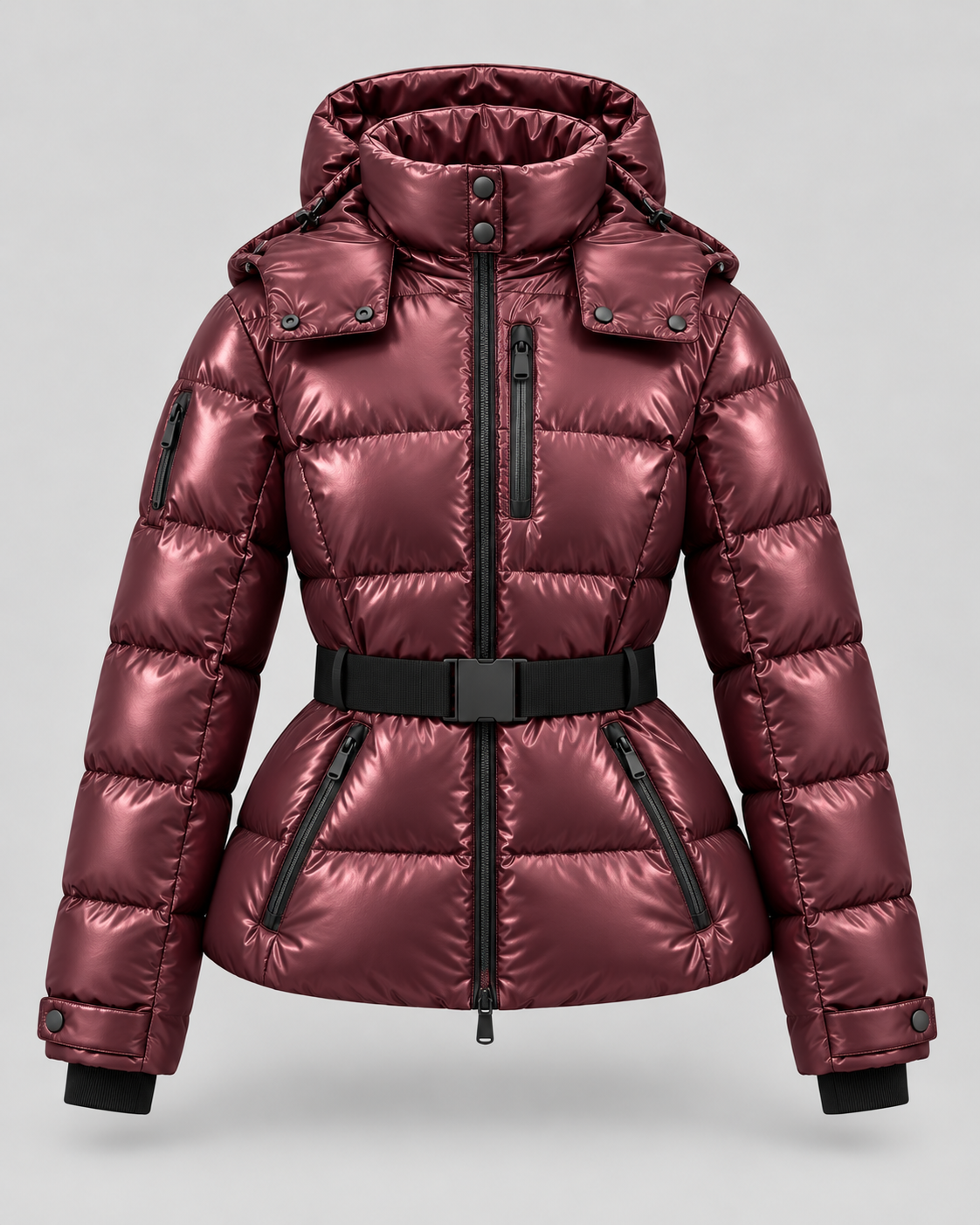 Taillierte Damen-Pufferjacke mit Kapuze und Gürtel