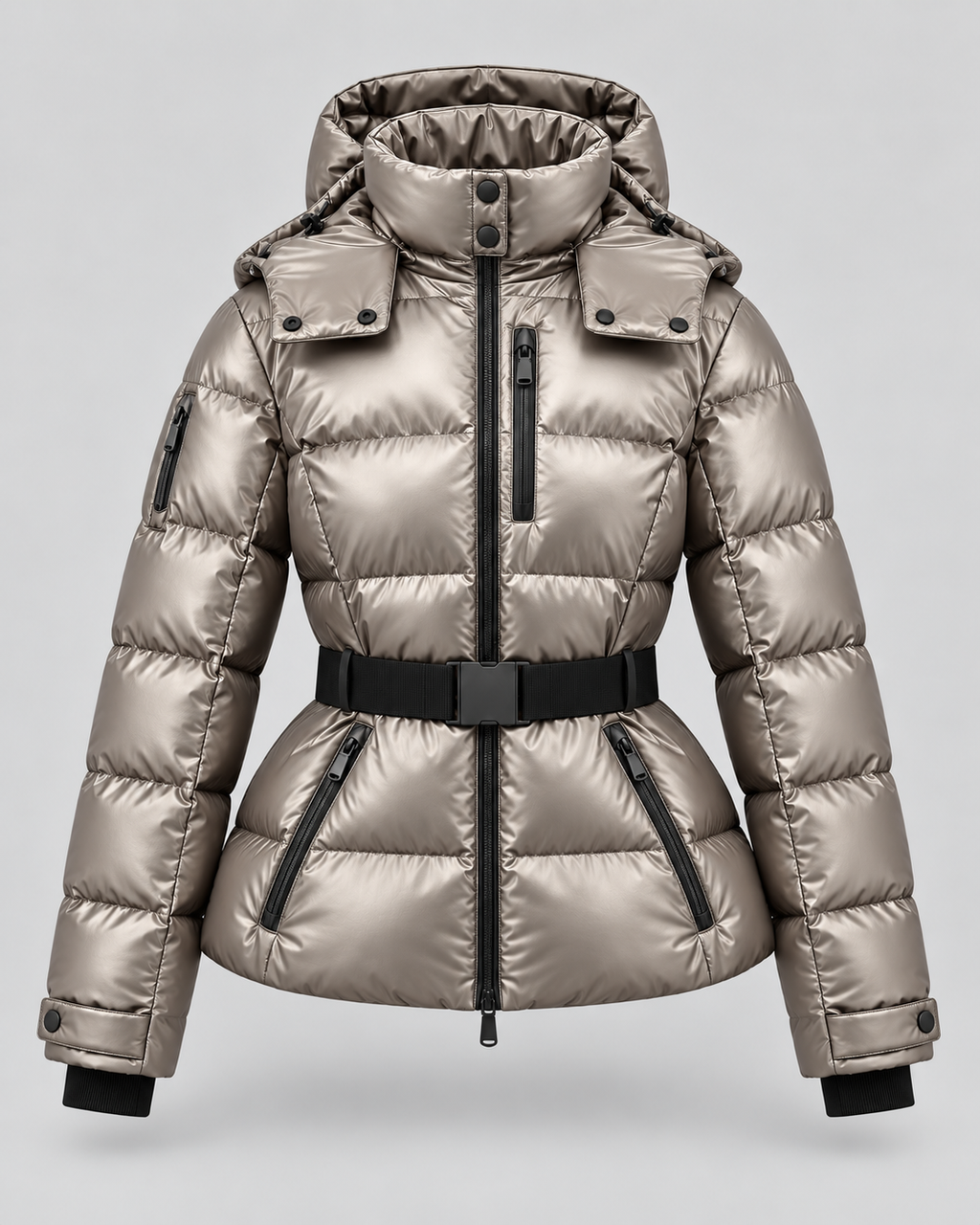 Taillierte Damen-Pufferjacke mit Kapuze und Gürtel
