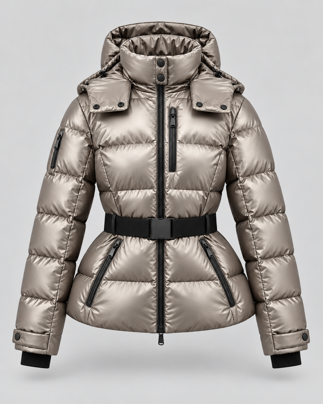 Taillierte Damen-Pufferjacke mit Kapuze und Gürtel