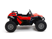 Roter Kinder-Elektrobuggy als Zweisitzer mit großen grobstolligen Reifen