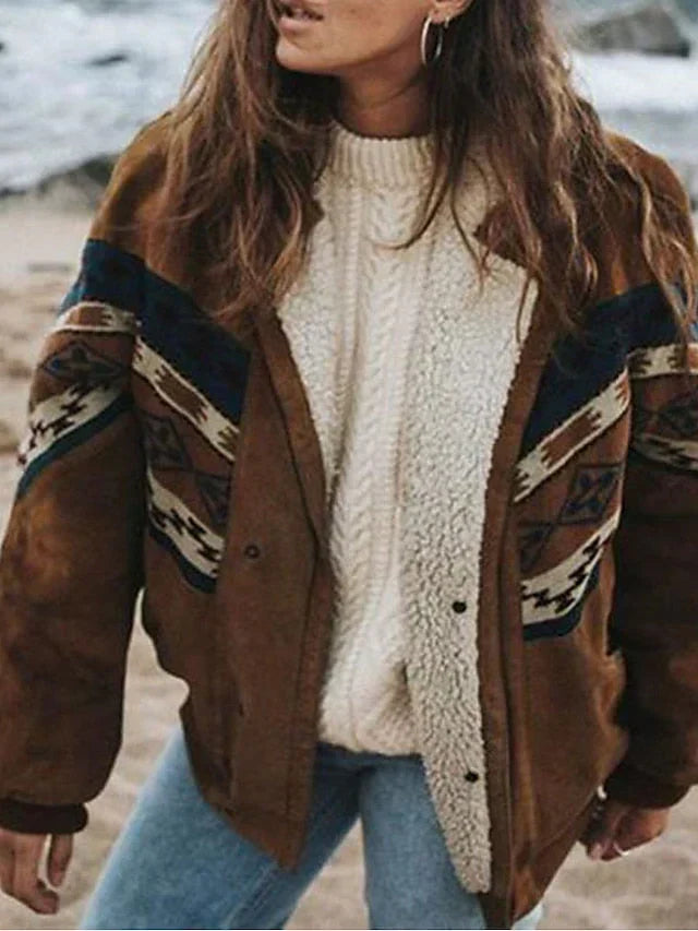 Warme Damen-Plüschjacke mit Retro-Muster