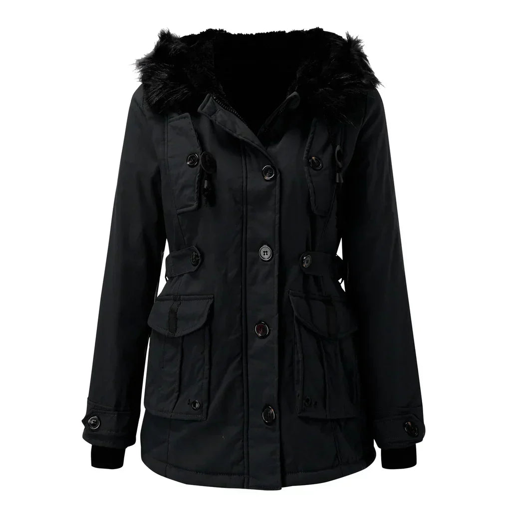 Gefütterter Damen-Winterparka mit Kunstfellkapuze