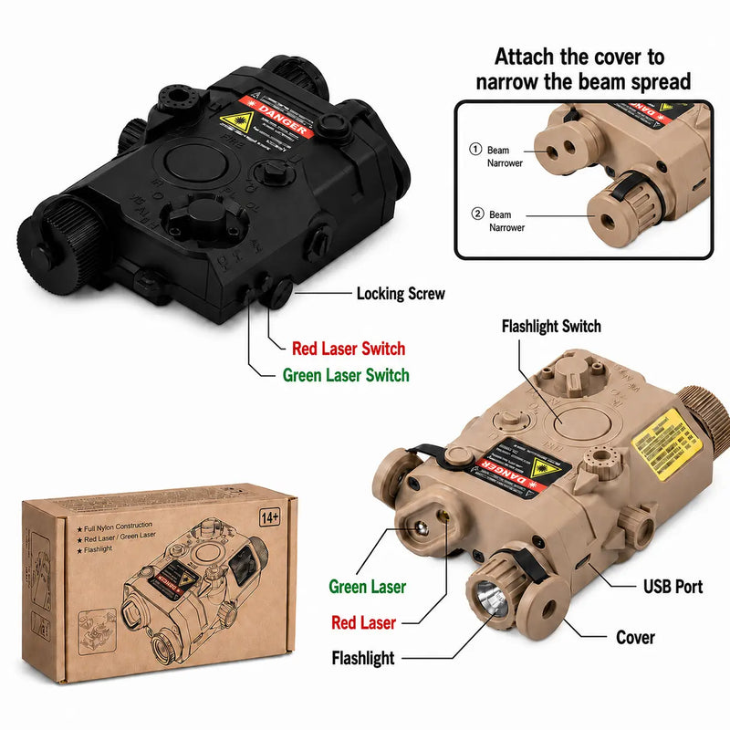 Batteriegehäuse mit rotem Laser, grünem Laser und Taschenlampe