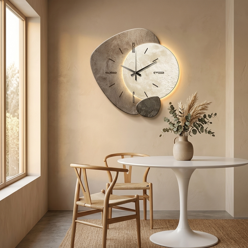 Dekorative graue Wanduhr mit Mondmotiv und warmem Hintergrundlicht