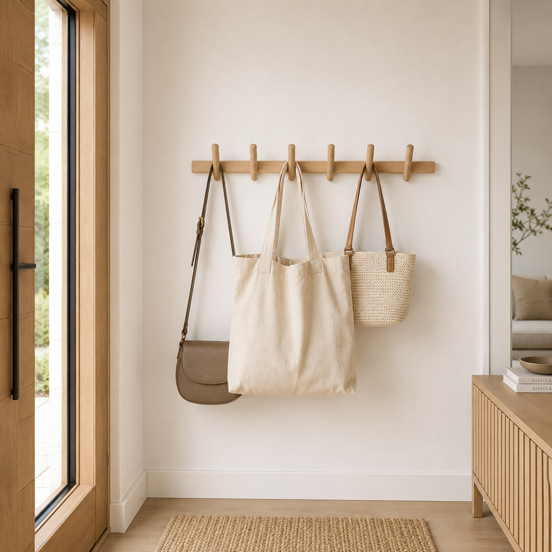 Wandgarderobe aus Eichenholz mit mehreren abgerundeten Haken an einer hellen Wand