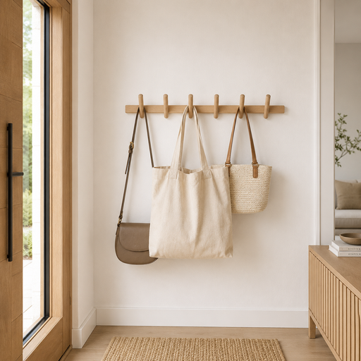 Wandgarderobe aus Eichenholz mit mehreren abgerundeten Haken an einer hellen Wand