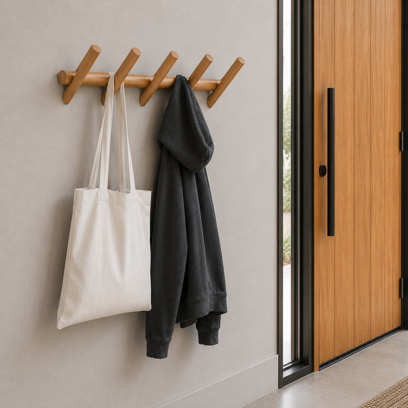 Wandgarderobe aus Eichenholz mit mehreren abgerundeten Haken an einer hellen Wand