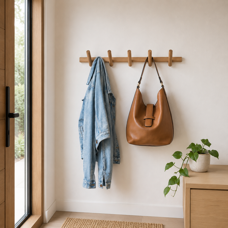 Wandgarderobe aus Eichenholz mit mehreren abgerundeten Haken an einer hellen Wand