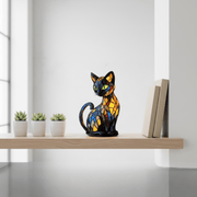 Handgefertigte LED-Katzenlampe in farbiger Mosaikoptik auf einem Tisch