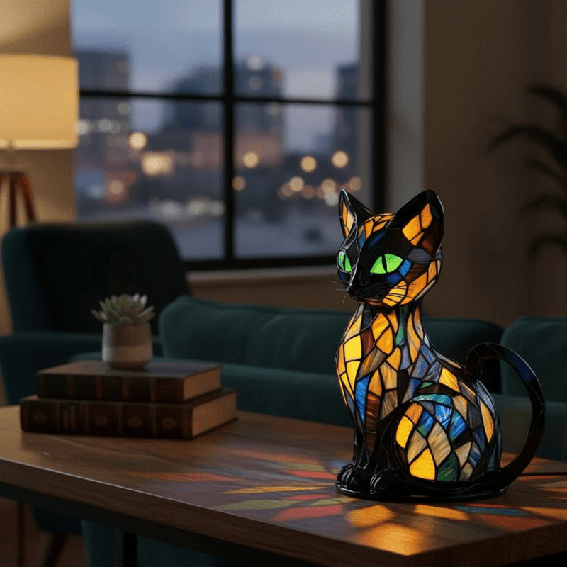 Handgefertigte LED-Katzenlampe in farbiger Mosaikoptik auf einem Tisch