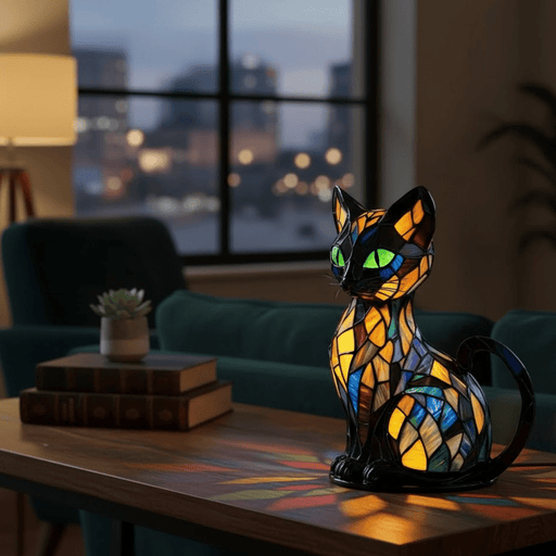 Handgefertigte LED-Katzenlampe in farbiger Mosaikoptik auf einem Tisch