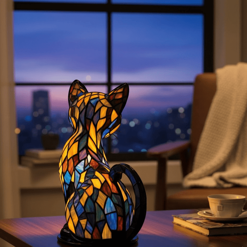 Handgefertigte LED-Katzenlampe in farbiger Mosaikoptik auf einem Tisch