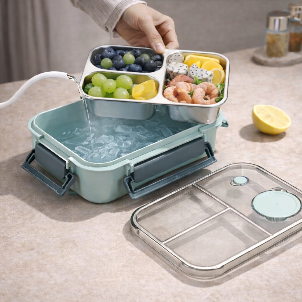 Lunchbox mit Edelstahl-Fächern und Warmhaltefunktion