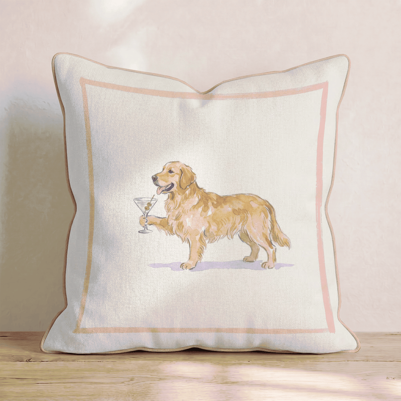 Cremefarbenes Dekokissen mit Golden-Retriever-Motiv und Martini-Glas