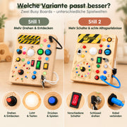 Busy Board aus Holz mit Lichtern, Schaltern und Knöpfen
