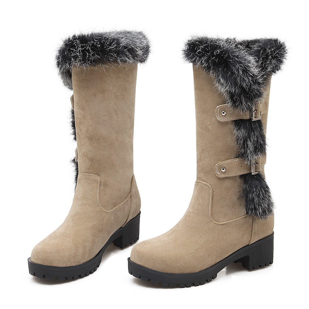 Wadenhohe Damen-Winterstiefel mit Kunstfellrand und Schnallen