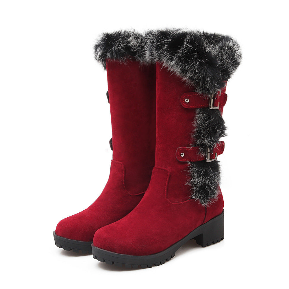 Wadenhohe Damen-Winterstiefel mit Kunstfellrand und Schnallen