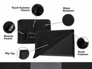Schwarze Outdoor-TV-Abdeckung mit hochgeklappter Vorderseite und Rückseitentasche