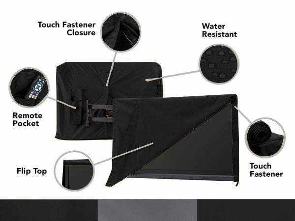 Schwarze Outdoor-TV-Abdeckung mit hochgeklappter Vorderseite und Rückseitentasche